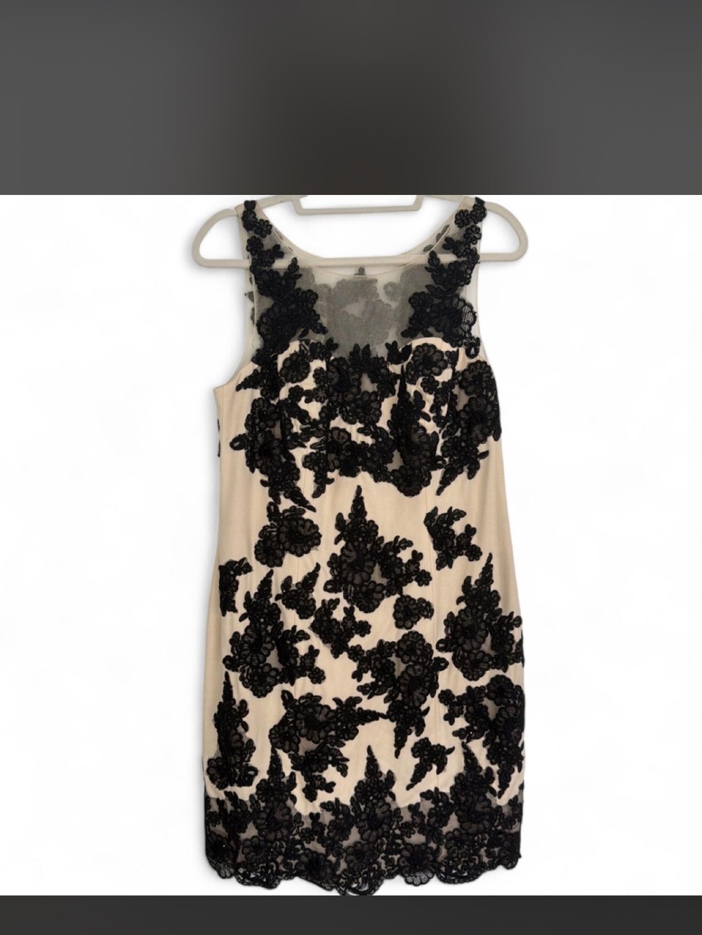 Sleeveless Beige Mini Dress with Black Floral Lace